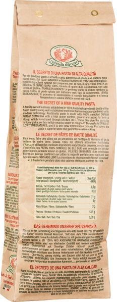 Beige Verpackung mit rotem und grünem Text sowie einem Logo oben.