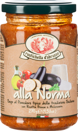 Glas mit Tomatensauce, Auberginen und Ricotta, schwarzer Deckel, italienisches Etikett.