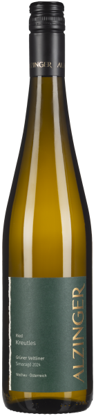 Grün-goldene Weinflasche mit dunkelgrünem Etikett und schwarzem Schraubverschluss.