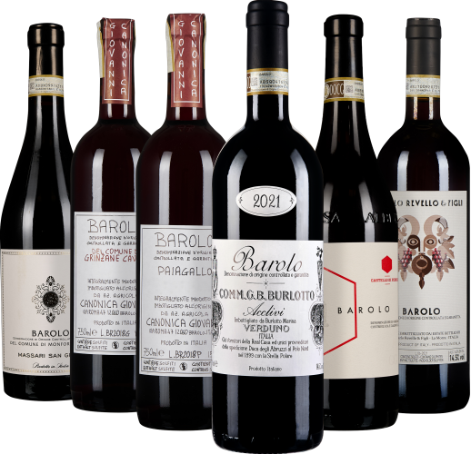 Set aus sieben Barolo-Weinflaschen mit unterschiedlichen, kunstvollen Etiketten.