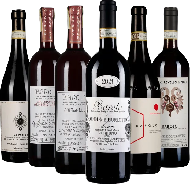 Set aus sieben Barolo-Weinflaschen mit unterschiedlichen, kunstvollen Etiketten.