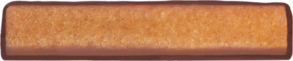Riegel mit goldener, krümeliger Oberfläche und Schokoladenumrandung.