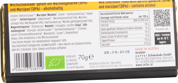 Schokoladenverpackung mit detaillierter Inhalts- und Nährwerttabelle auf der Rückseite.