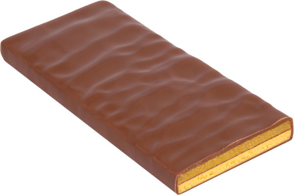 Braune Schokoladentafel mit sichtbarer, goldener Schicht im Querschnitt.
