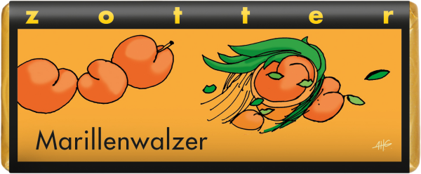 Orange Schokoladeverpackung mit illustrierten Marillen und grünen Blättern.