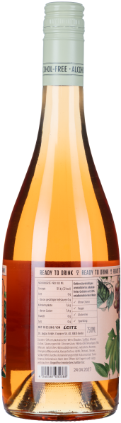 Klare Flasche mit roséfarbenem Getränk und grünem Schraubverschluss.