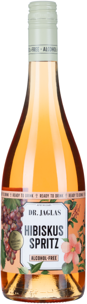 Klare Flasche mit rosafarbenem Getränk und floralen, fruchtigen Etikettendesign.