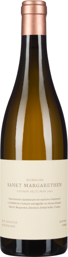 Weinflasche mit kupferfarbenem Hals und cremefarbenem Etikett.