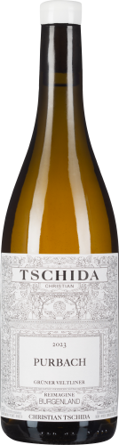 Weißweinflasche mit elegantem, detailreichem Label und weißem Verschluss.