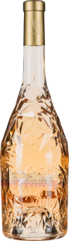 Roséwein in einer kunstvoll gestalteten, facettierten Glasflasche mit goldfarbenem Verschluss.