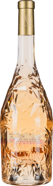 Roséwein in einer kunstvoll gestalteten, facettierten Glasflasche mit goldfarbenem Verschluss.