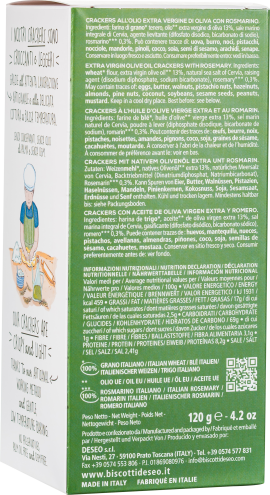 Grüne Cracker-Box mit Zutatenliste und Zeichnung eines Kochs auf der Seite.