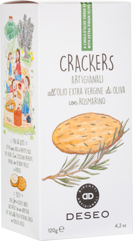 Weiße Verpackung mit gezeichneten Crackern und Rosmarinzweig. Illustrationen einer Picknickszene.