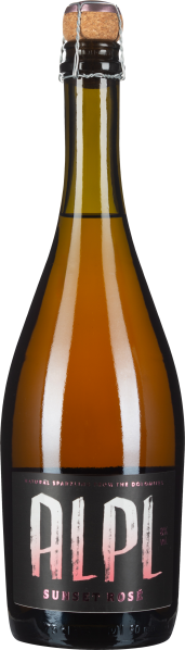 Braun getönte Flasche mit Korkverschluss und elegantem, rosèfarbenem Etikett.