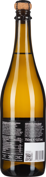 Braune Glasflasche mit Korkverschluss und schwarzem Etikett.