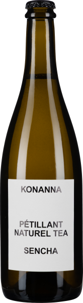 Braune Glasflasche mit schlichtem, weißem Etikett und schwarzem Schraubverschluss.