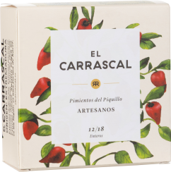 Beigefarbene Verpackung mit roter Paprika-Illustration und grünen Blättern.