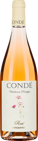 Roséweinflasche mit heller, lachsfarbener Flüssigkeit und floralem Etikettendruck.