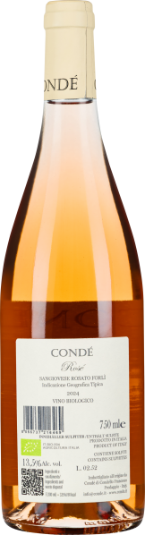 Roséweinflasche mit hellem, lachsfarbenem Inhalt und cremefarbenem Etikett.