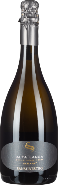 Grüne Sektflasche mit silbernem Etikett und glänzendem silbernen Verschluss.