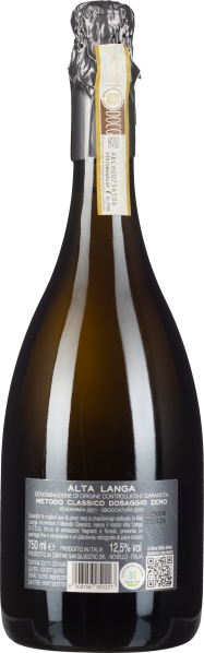 Dunkle Glasflasche mit dekorativer Folie und Etikett auf der Rückseite.