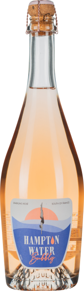 Flasche mit blassroséfarbenem Schaumwein und verkorktem Verschluss.