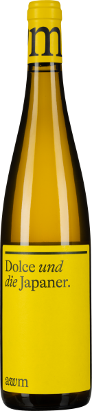 Gelbe Weinflasche mit modernem Etikettendesign und schwarzer Schrift.