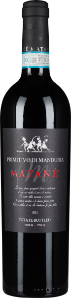 Dunkle Weinflasche mit schwarzem Etikett und rotem Schriftzug.