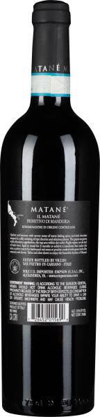 Schwarze Weinflasche mit blauem Hals-Etikett, Rücketikett mit weißem Text.