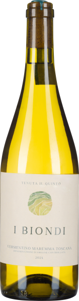 Klargelbe Weinflasche mit weißem Etikett und Naturkorken.