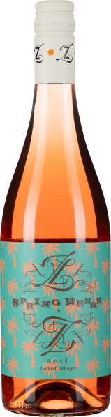 Roséweinflasche mit türkisfarbenem Etikett, verziert mit orangefarbenen Palmenmotiv.