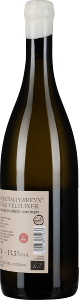 Braune Weinflasche mit hellgrauem Wachssiegel, beige Etikett.