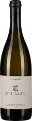 Grüne Weinflasche mit cremefarbenem Etikett "Zillinger", schwarzer Korkverschluss.