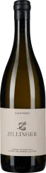 Grüne Weinflasche mit cremefarbenem Etikett "Zillinger", schwarzer Korkverschluss.