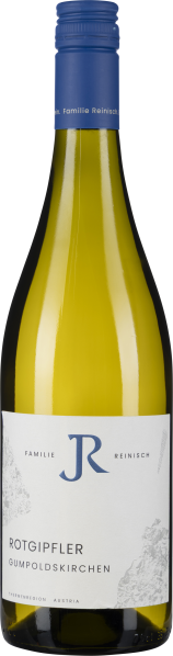 Gelbe Weinflasche mit blauem Schraubverschluss und elegantem weißen Etikett.