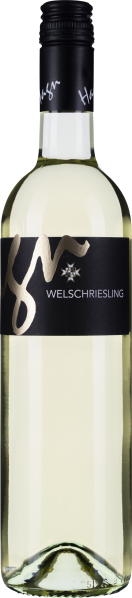 Klarer, hellgelber Wein in schlanker Flasche mit schwarzem Schraubverschluss.