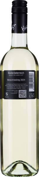 Klare Flasche mit hellem, strohgelbem Weißwein und schwarzem Etikett.