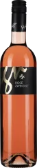Klarer Roséwein in gold-beschrifteter Flasche mit schwarzem Schraubverschluss.