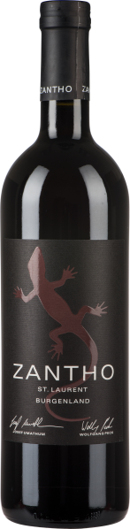 Die Weinflasche zeigt ein elegantes, dunkelbraunes Etikett mit stilisierter Eidechse in Rot. Sie hat eine klassische Form und ein modernes Design.