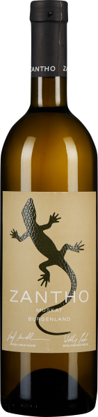 Klarglasflasche mit dunkelbraunem Verschluss; Etikett in beige mit schwarzer Eidechsenillustration.