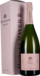 Flasche Bründlmayer Brut Rosé neben einer passenden, hellrosa Geschenkverpackung, elegant gestaltet mit einem goldenen Logo und Schriftzug auf dem Etikett.