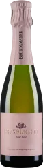 Die Flasche zeigt einen Schaumwein mit einem blassrosa Etikett und einer passenden metallischen Folie am Hals. Die Form ist elegant und klassisch, passend für einen hochwertigen Sekt oder Champagner.