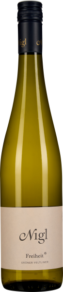 Grüne Weinflasche mit schwarzem Schraubverschluss und schlichtem, beigem Etikett.