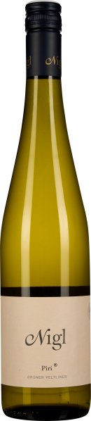 Grüne Weinflasche mit schwarzem Schraubverschluss und schlichtem cremefarbenem Etikett.