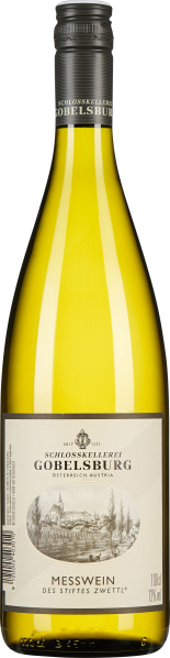 Eine schlanke, klare Weinflasche mit heller, gelber Flüssigkeit gefüllt. Die Flasche hat ein elegantes Etikett mit einem gezeichneten Motiv und einem dunklen, geriffelten Schraubverschluss.