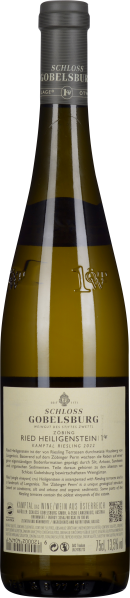 Klare Weißweinflasche mit grauem Hals und schlichtem Etikett.