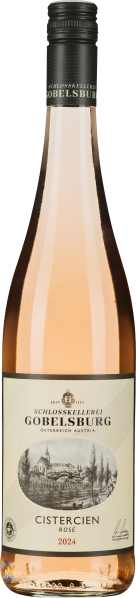 Eine schlanke Weinflasche mit einem zart roséfarbenen Inhalt, einem schwarzen Schraubverschluss und einem Etikett mit einem historischen Schlossmotiv in Schwarz-Weiß.