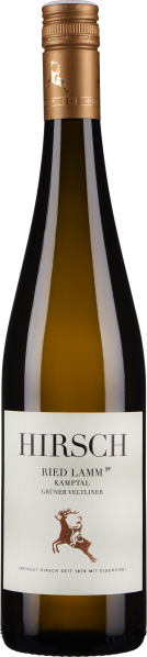 Eine schlanke Weinflasche mit goldenem Schraubverschluss und heller, minimalistischer Etikettengestaltung, auf der ein springender Hirsch abgebildet ist.