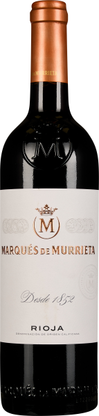 Dunkle Weinflasche mit weißem Etikett und kupferfarbenem Verschluss.