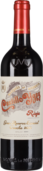 Eine dunkle Weinflasche mit einem roten Kapselverschluss. Das Etikett ist cremefarben mit eleganten, geschwungenen Schriftzügen in Rot- und Goldtönen, die ein klassisches und hochwertiges Design vermitteln.